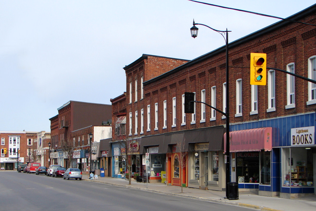 Brighton, Ontario, street on a cloudy day; showcasing the downtown of small town, Brighton.